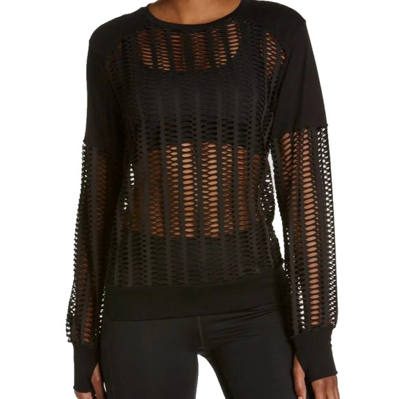 Blanc Noir Linear Mesh Cut Out Open Weave Black Athleisure Lounge Shirt Small - Picture 1 of 13